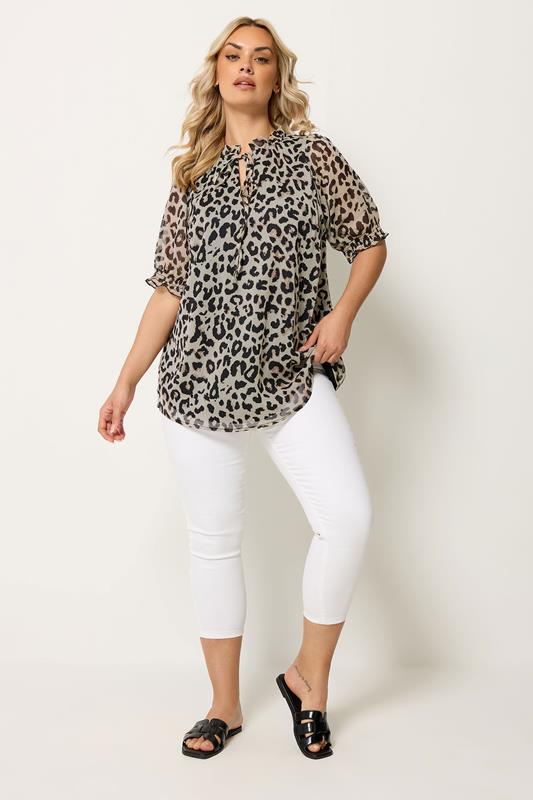 YOURS Plus Size White Leopard Frill Neck Blouse | Yours Clothing 1
