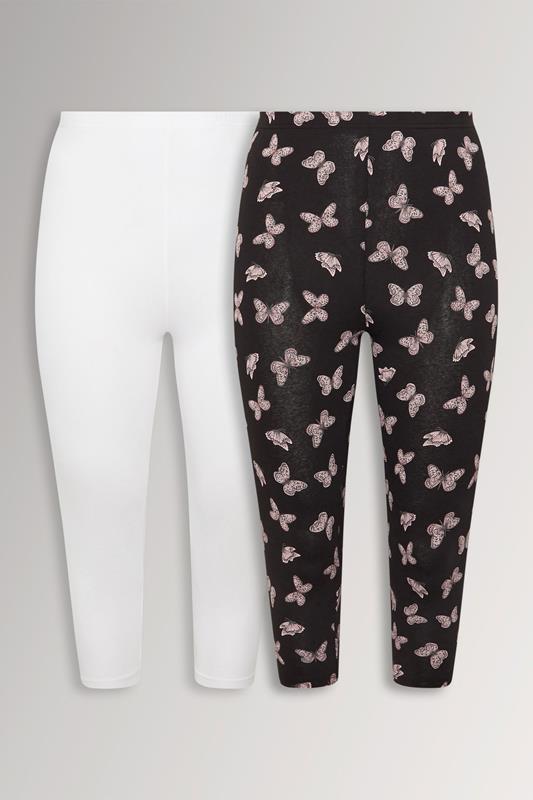  YOURSET 2 PACK Curve Black Butterfly Print Cropped Leggings