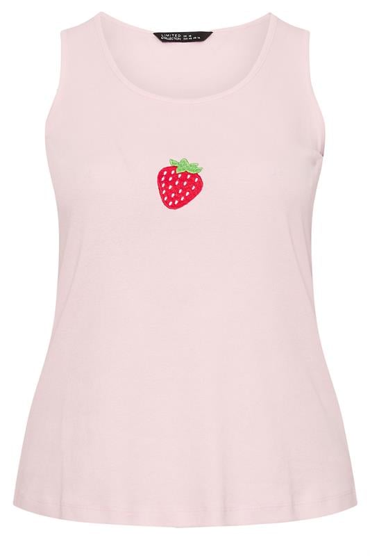 LIMITED COLLECTION Plus Size Light Pink Embroidered Strawberry Vest Top | Yours Clothing 5