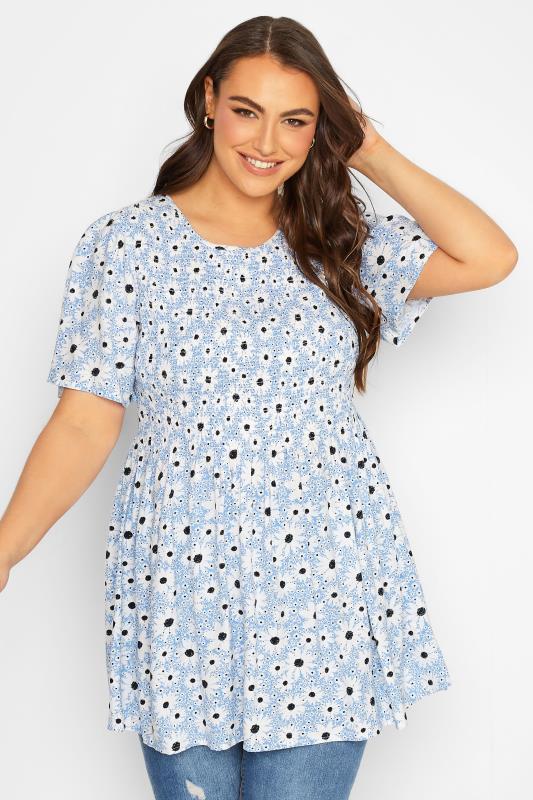 YOURS Plus Size Blue Daisy Print Shirred Peplum Top | Yours Clothing 1