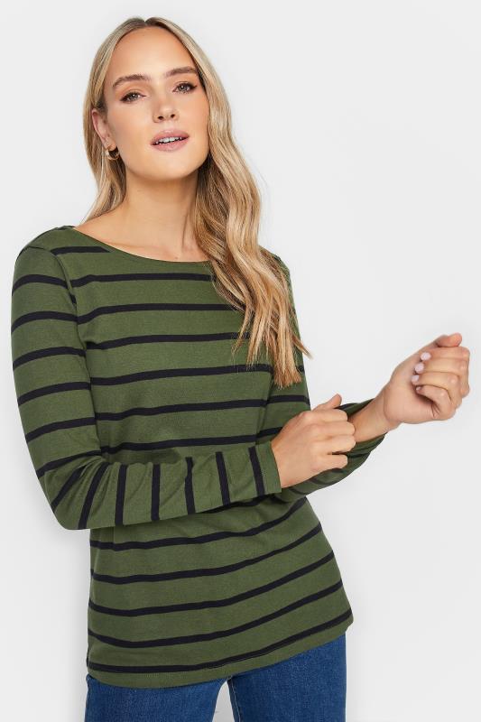 LTS Tall Women's Khaki Green Stripe Long Sleeve Cotton T-Shirt | Long Tall Sally 2