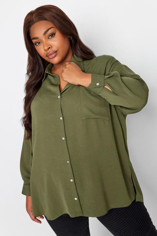 Yours Plus Size Khaki Green Cuffed Sleeve Shirt | Yours Closing 1