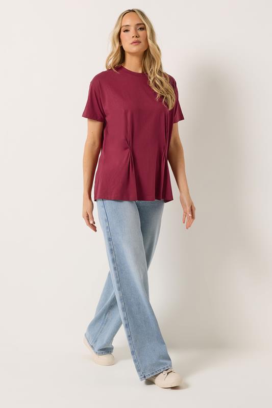 LTS Tall Women's Burgundy Red Pleat Front Cotton T-Shirt | Long Tall Sally 2