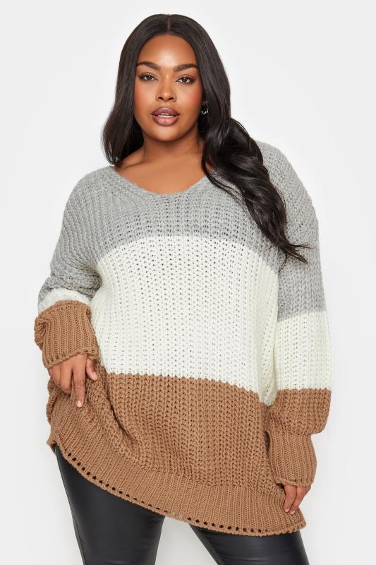 Plus Size  YOURS Curve Grey Colour Block Knitted Jumper