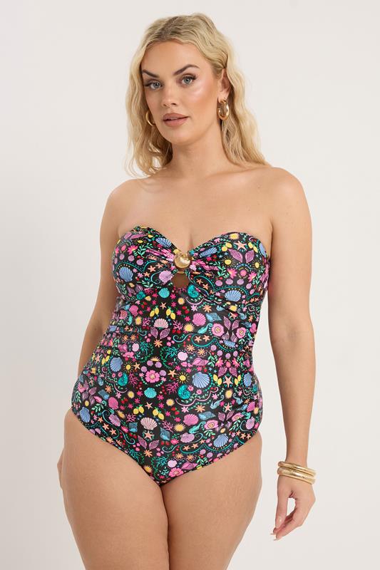 YOURS Plus Size Black Shell Print Bandeau Swimsuit | Yours Clothing 1