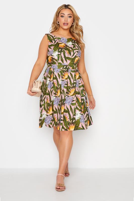 Plus Size Pink Leaf Print Skater Dress | Yours Clothing 2