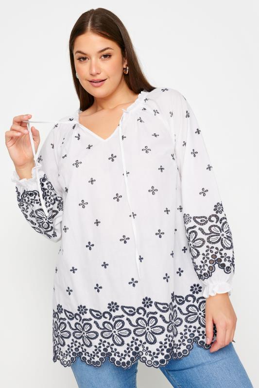 Plus Size  YOURS Curve White & Navy Blue Broderie Anglaise Blouse