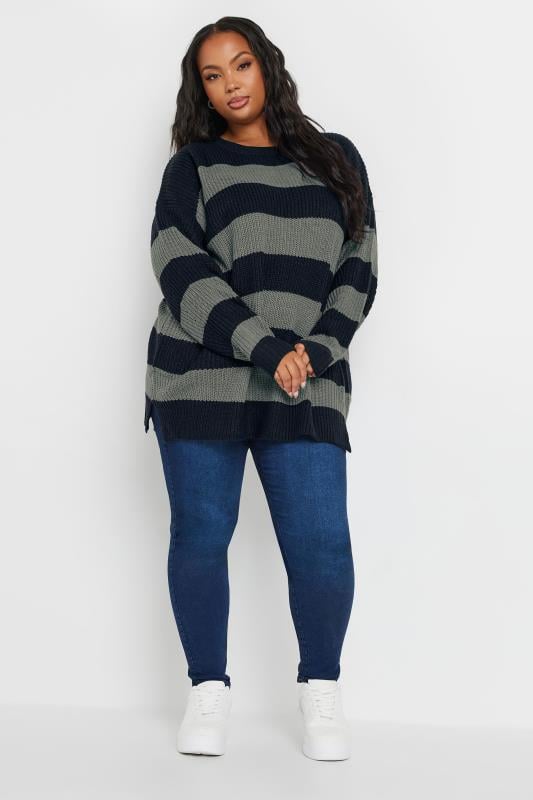 YOURS Plus Size Navy Blue & Grey Stripe Knitted Jumper | Yours Clothing 2