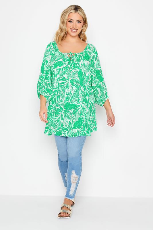 YOURS Plus Size Green Leaf Print Tie Neck Top | Yours Clothing 2