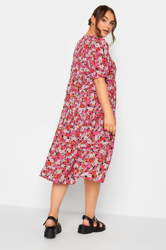 YOURS Curve Plus Size Red Floral Short Sleeve Midi Dress | Yours Clothing