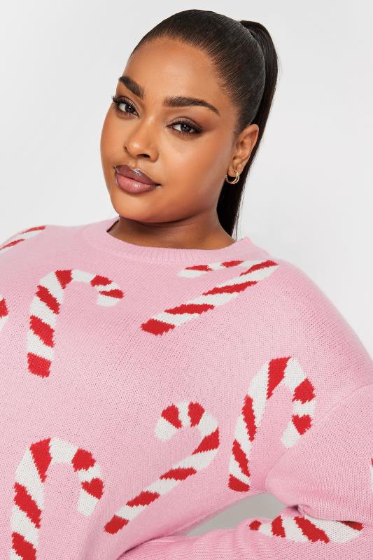 YOURS Plus Size Pink Candy Cane Print Christmas Jumper | Yours Clothing 4