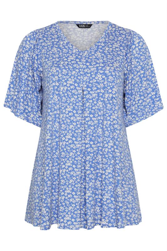 YOURS Plus Size Blue Ditsy Floral Pleat Front Top | Yours Clothing 5