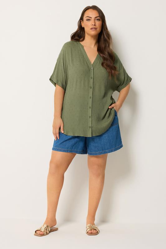 YOURS Plus Size Green Dobby Notch Neck Blouse | Yours Clothing 1