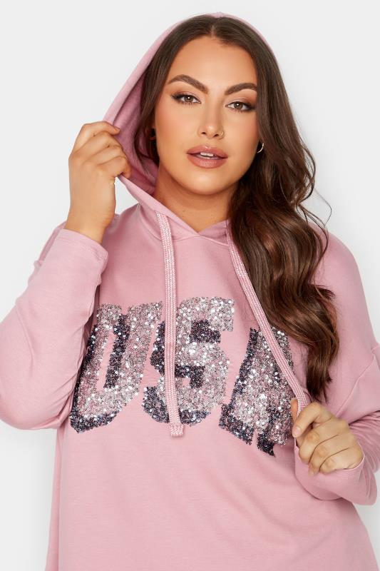 YOURS Plus Size Curve Blush Pink Blue 'USA' Slogan Longline Hoodie | Yours Clothing  4