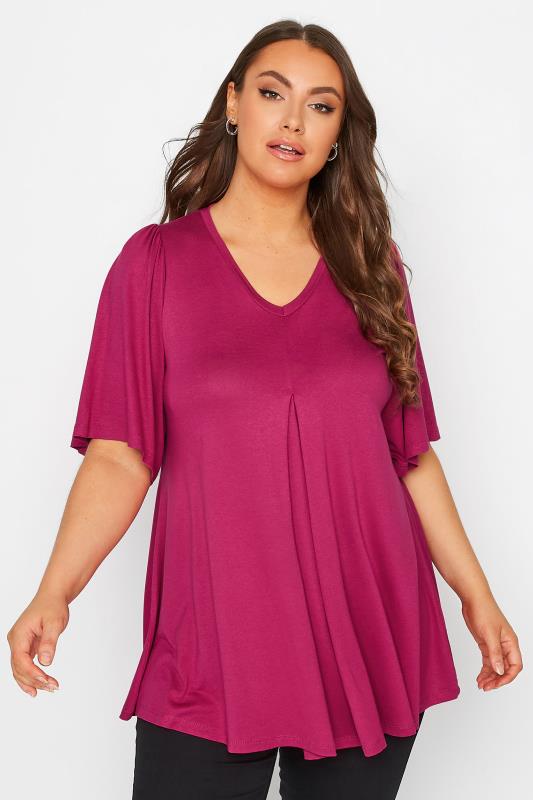 Plus Size Pink Pleat Angel Sleeve Swing Top | Yours Clothing 1
