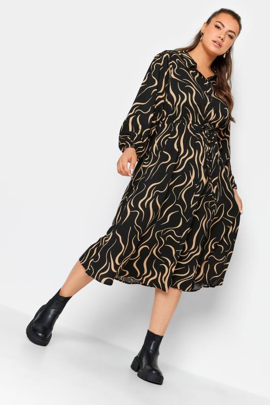 YOURS Plus Size Black Abstract  Print Long Sleeve Midaxi Shirt Dress | Yours Clothing 1