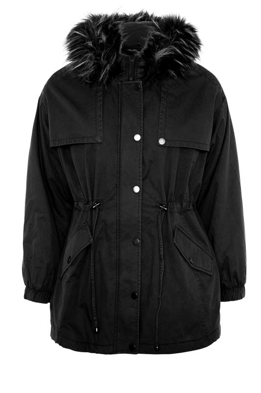 Curve Black Balloon Sleeve Faux Fur Lined Hooded Parka 7