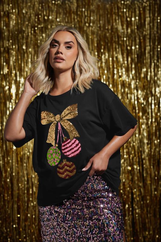  YOURS Curve Black Sequin Embellished Bauble T-Shirt