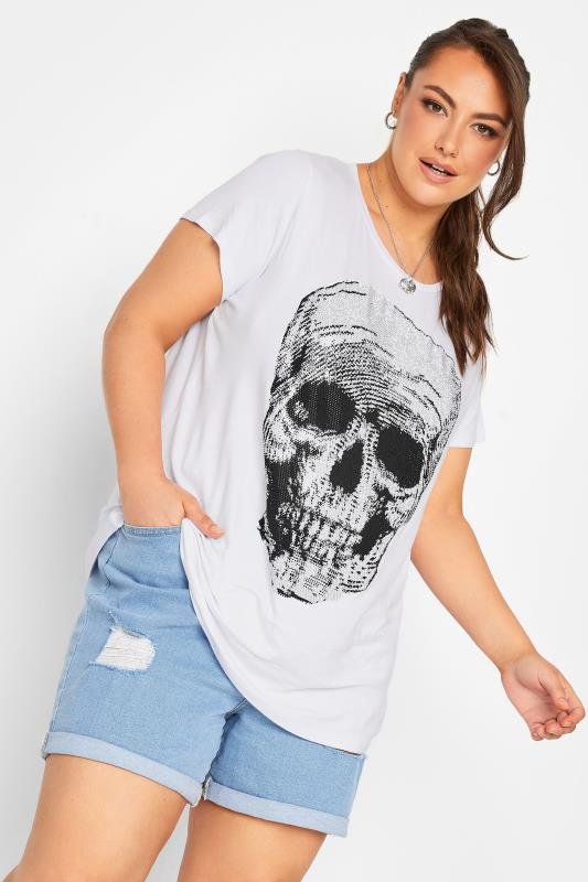 YOURS Curve Plus Size White Stud Embellished Skull Print T-Shirt | Yours Clothing  1