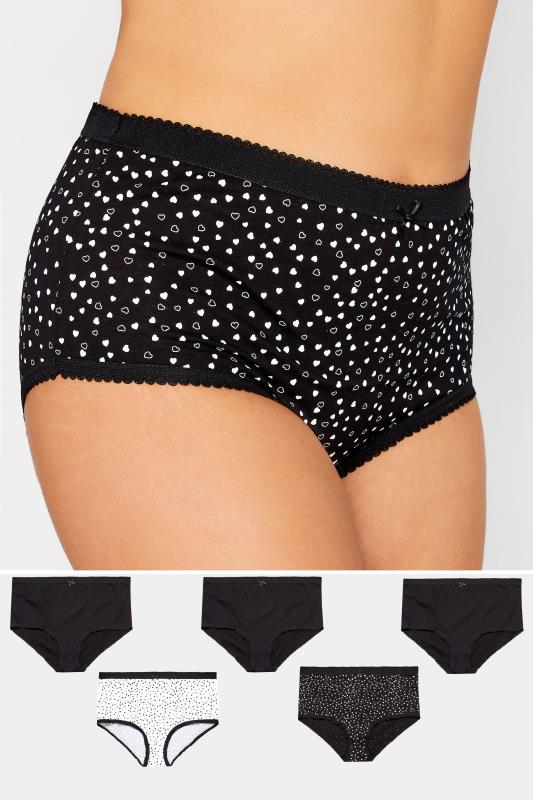 5 PACK Plus Size Black Mini Heart Print High Waisted Full Briefs | Yours Clothing 1
