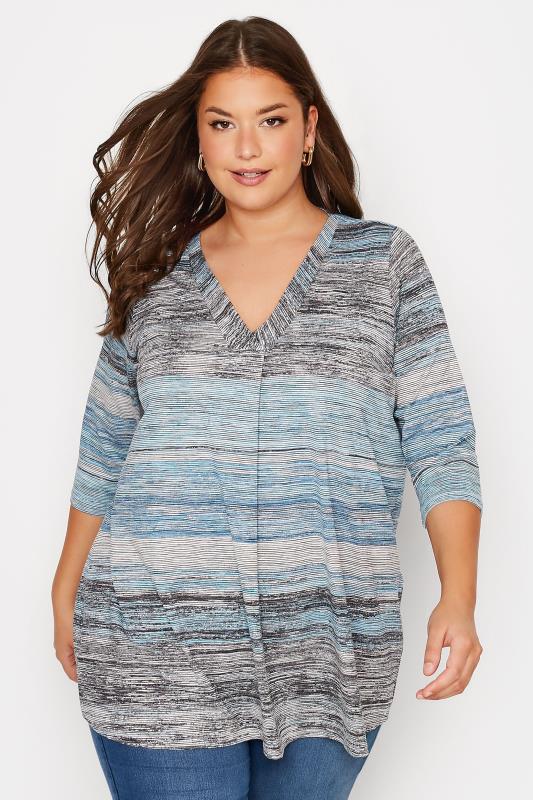 Plus Size Blue Marl Stripe Print Swing Top | Yours Clothing 1