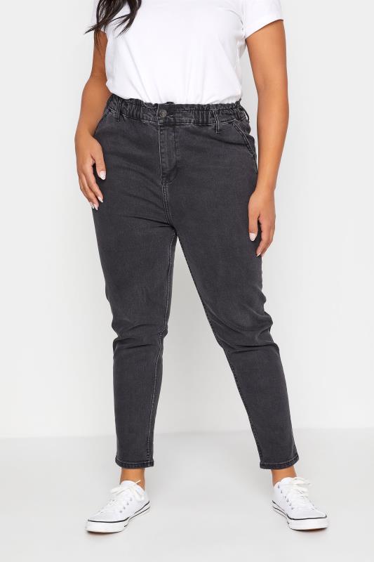  Curve Black Washed Elasticated MOM Jeans