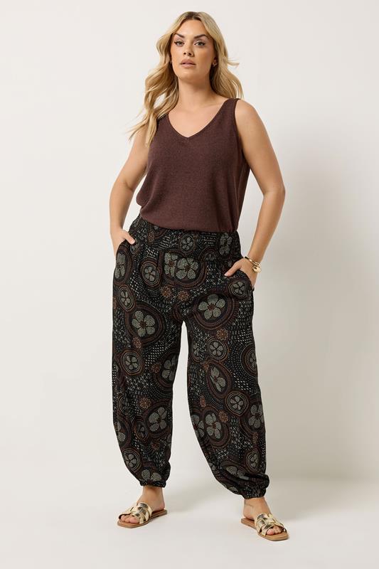 YOURS Plus Size Black Abstract Floral Balloon Trousers | Yours Clothing 1
