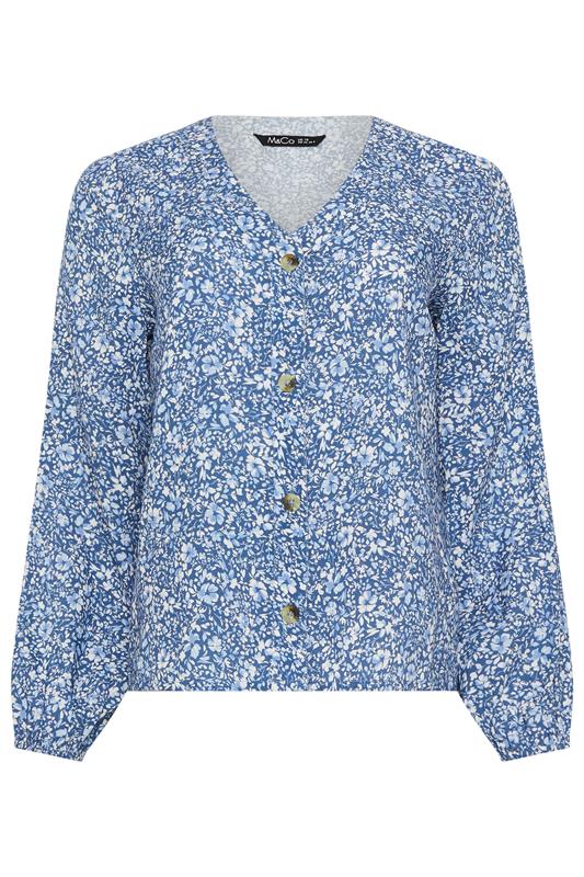 M&Co Blue Ditsy Floral Button Front Long Sleeve Blouse | M&Co 6