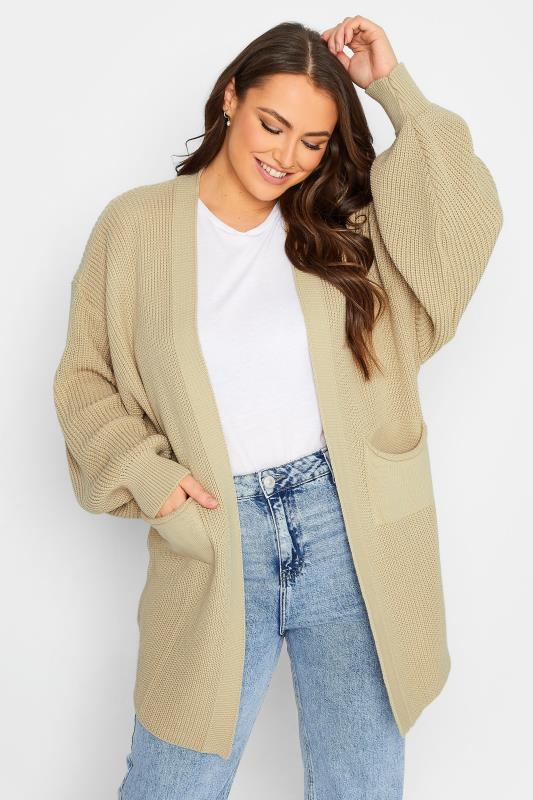 Curve Plus Size YOURS Curve Brown Beige Longline Knitted Cardigan | Yours Clothing  1