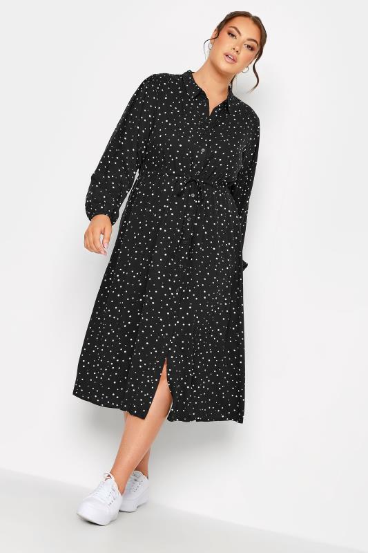 YOURS Plus Size Black Spot Print Long Sleeve Midaxi Shirt Dress | Yours Clothing 3