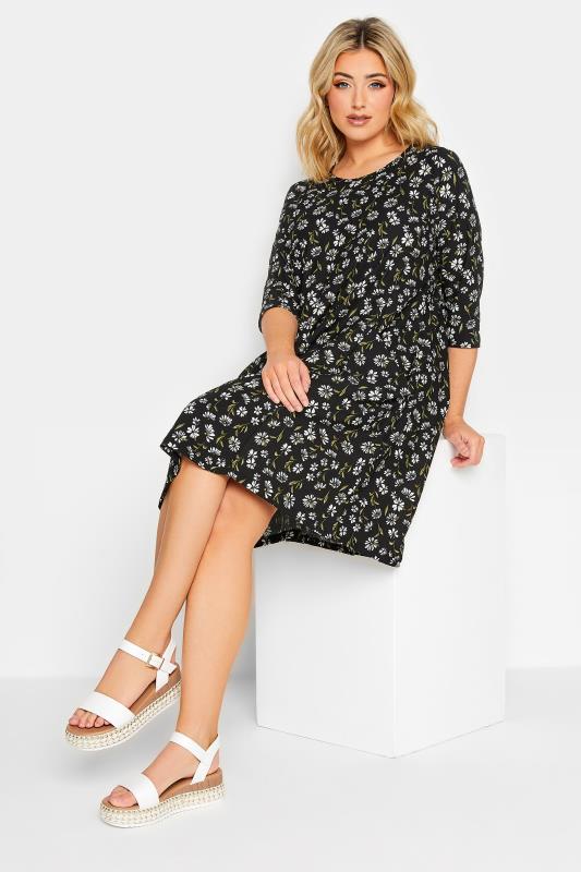 YOURS Plus Size Black Daisy Print Drape Pocket Mini Dress | Yours Clothing 1