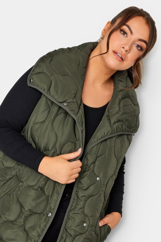 YOURS Plus Size Olive Green Funnel Neck Quilted Longline Gilet | Yours Clothing 5