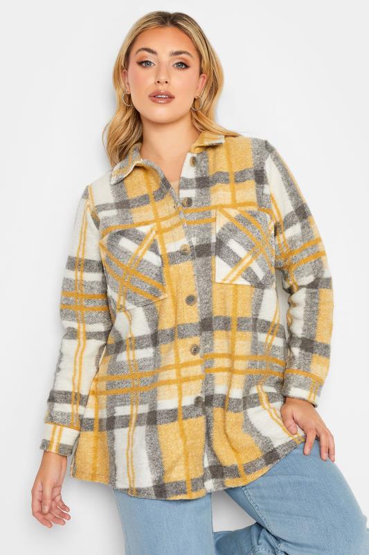 YOURS LUXURY Plus Size Yellow Check Felted Shacket | Yours Clothing 4