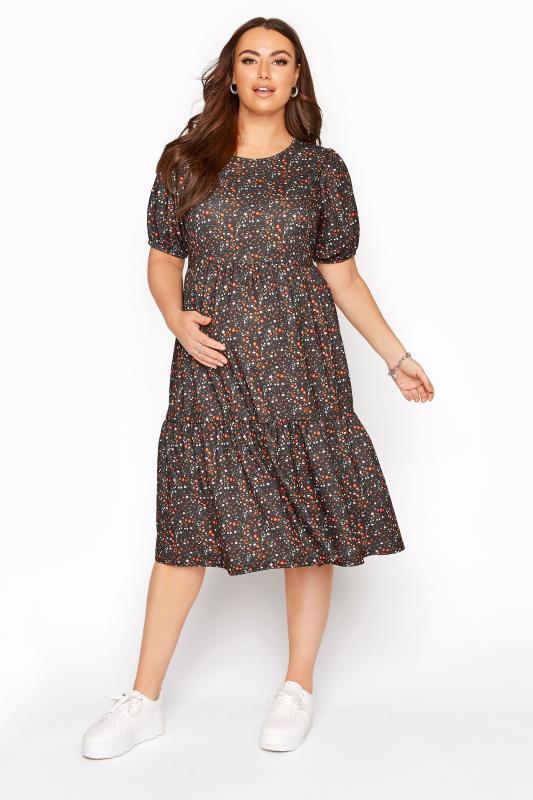 BUMP IT UP MATERNITY Curve Black Floral Tiered Smock Dress 1