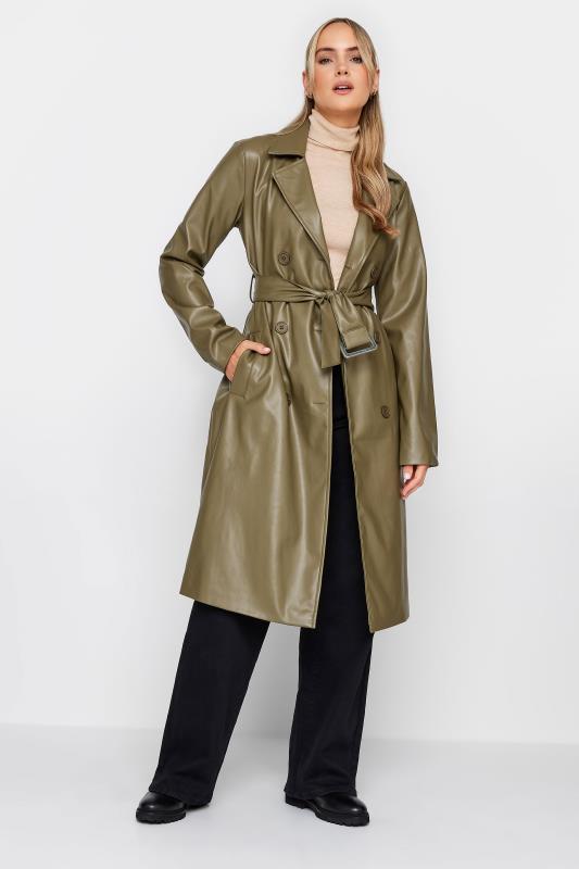 LTS Tall Olive Green Faux Leather Trench Coat | Long Tall Sally 1