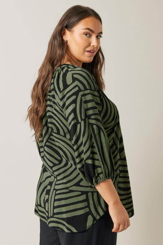 EVANS Plus Size Khaki Green Abstract Print Tie Neck Blouse | Evans 4