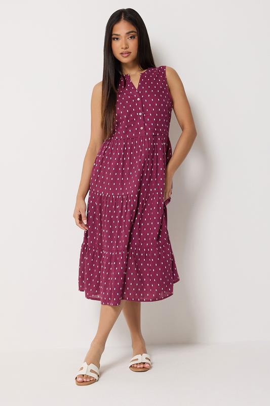 M&Co Petite Berry Red Dobby Tiered Cotton Midi Dress | M&Co 1