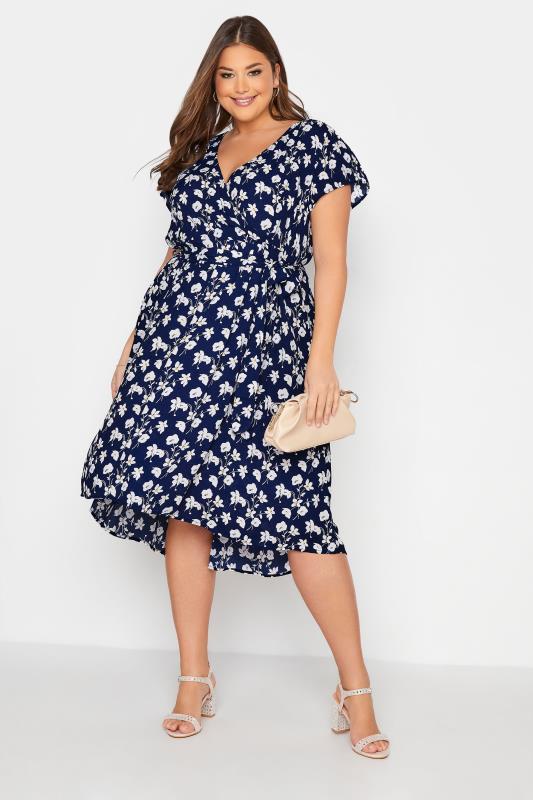 YOURS LONDON Plus Size Navy Blue Floral High Low Wrap Dress | Yours Clothing  1