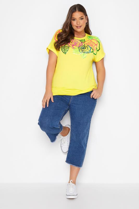 Plus Size Yellow Floral Sequin Embellished T-Shirt | Yours Clothing 2