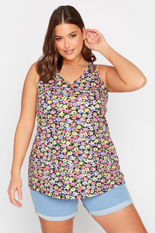 YOURS Curve Plus Size Pink Floral Bar Back Vest Top | Yours Clothing  1
