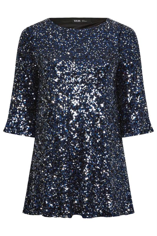 YOURS LONDON Plus Size Dark Blue Sequin Flute Sleeve Top | Yours Clothing 7