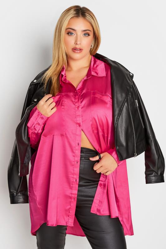 LIMITED COLLECTION Plus Size Hot Pink Satin Shirt | Yours Clothing 1