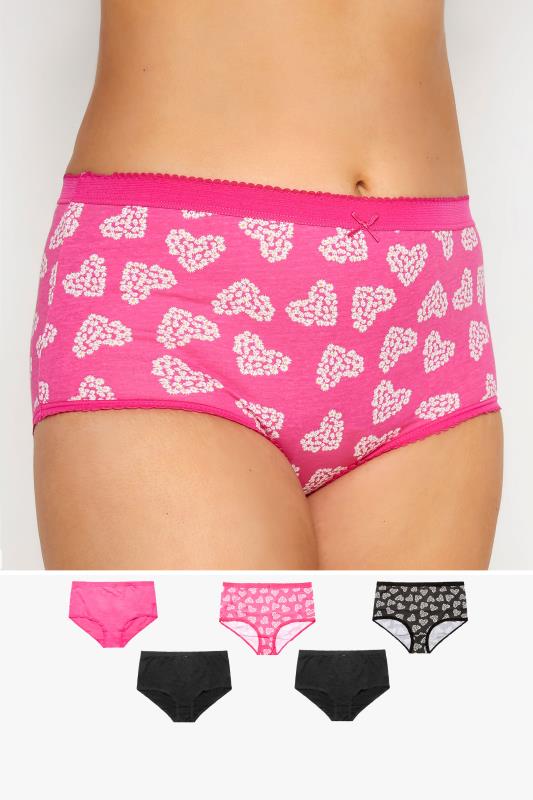 Plus Size 5 PACK Black & Pink Daisy Heart Print High Waisted Full Briefs | Yours Clothing  1
