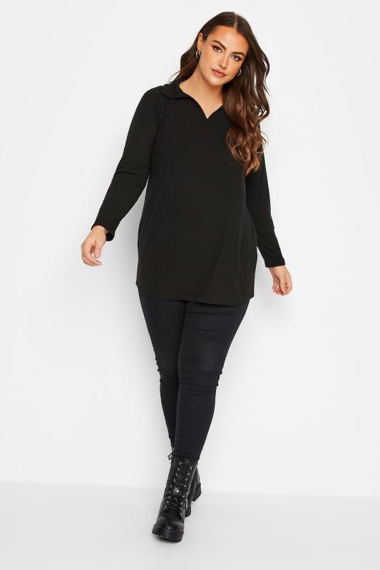 Curve Black Long Sleeve Ribbed Collar Top | Yours Clothing 2