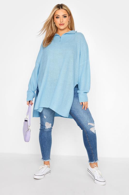 Plus Size Curve Blue Quarter Zip Knitted Jumper | Yours Clothing 2