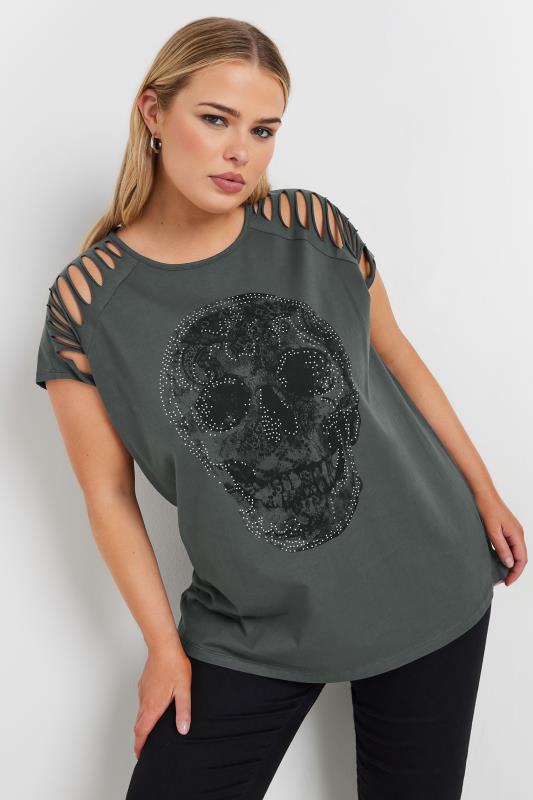 YOURS Plus Size Charcoal Grey Cut Out Skull Print T-Shirt | Yours Clothing  1