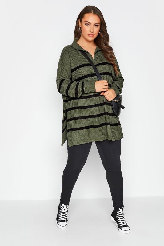Curve Khaki Green Stripe Long Sleeve Knitted Jumper | Yours Clothing  2