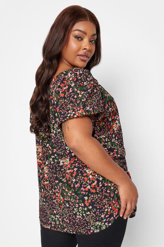 YOURS Plus Size Black Ditsy Floral Print Gypsy Top | Yours Clothing