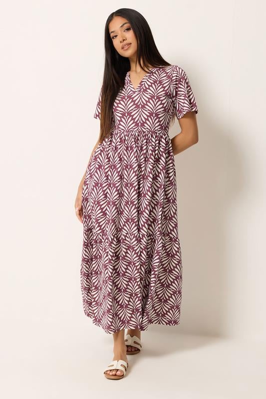 M&Co Petite Berry Red Leaf Print Cotton Maxi Dress | M&Co 1