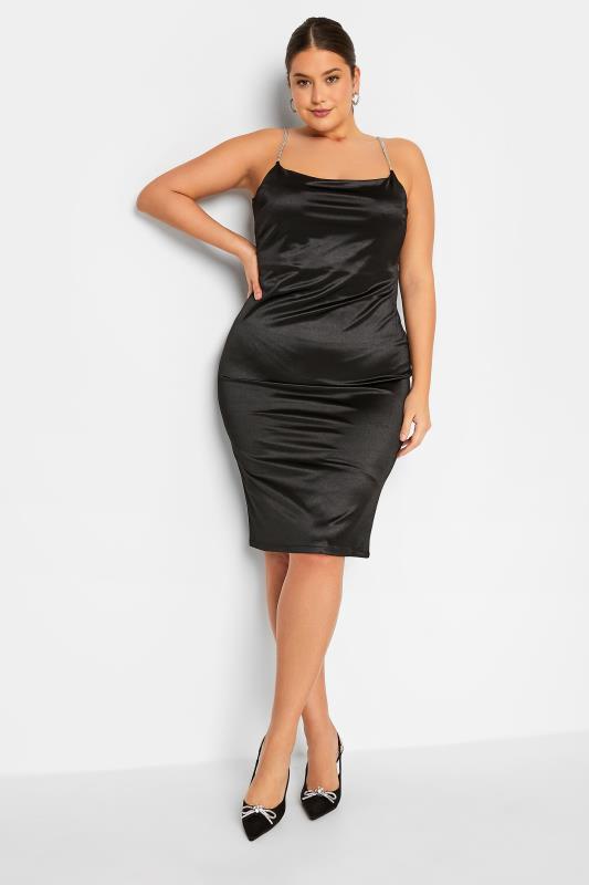  LTS Tall Black Diamante Strap Satin Mini Slip Dress